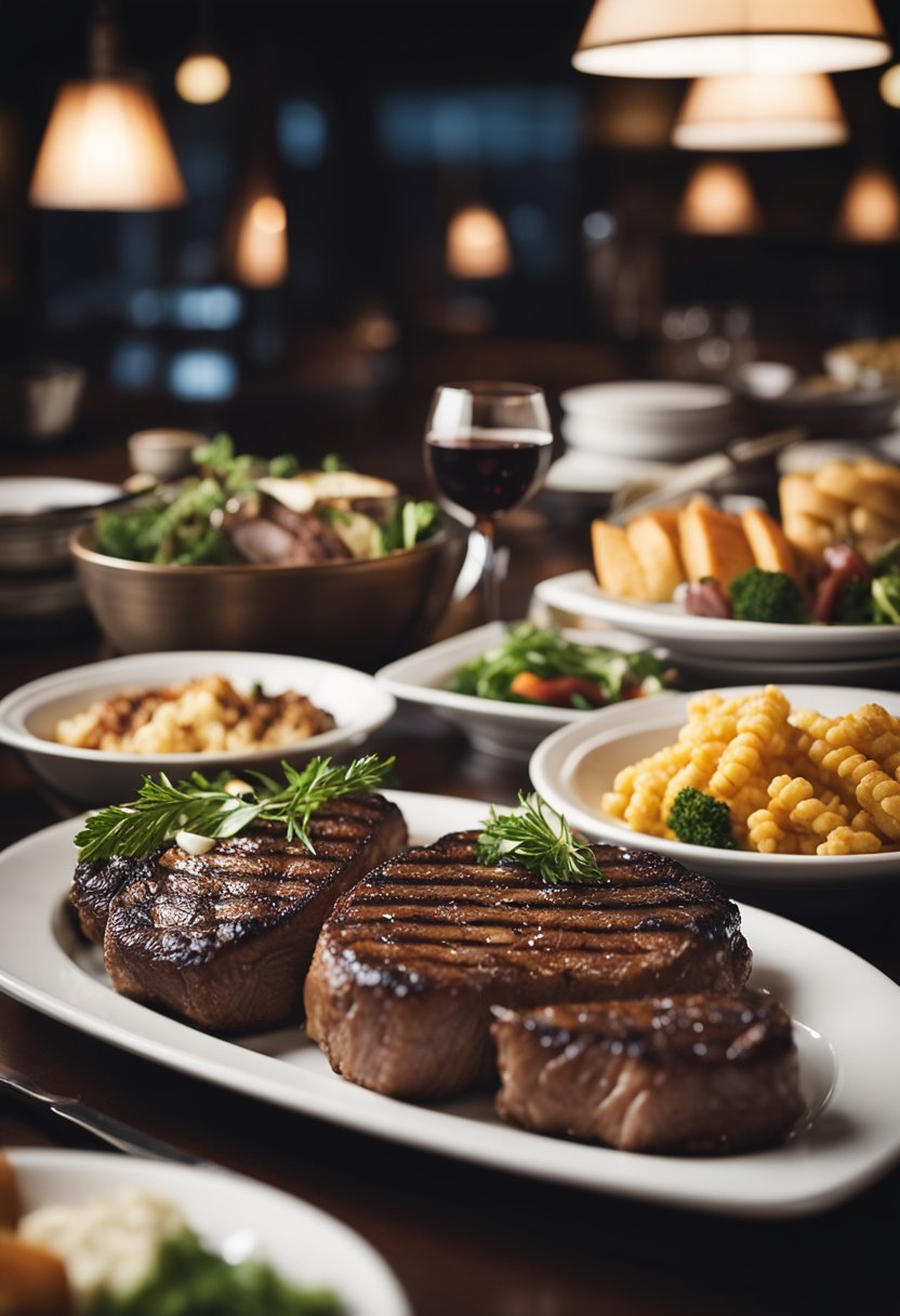 A bustling steakhouse with dim lighting, cozy booths, and sizzling steaks on open grills. Patrons enjoy hearty meals and clinking glasses