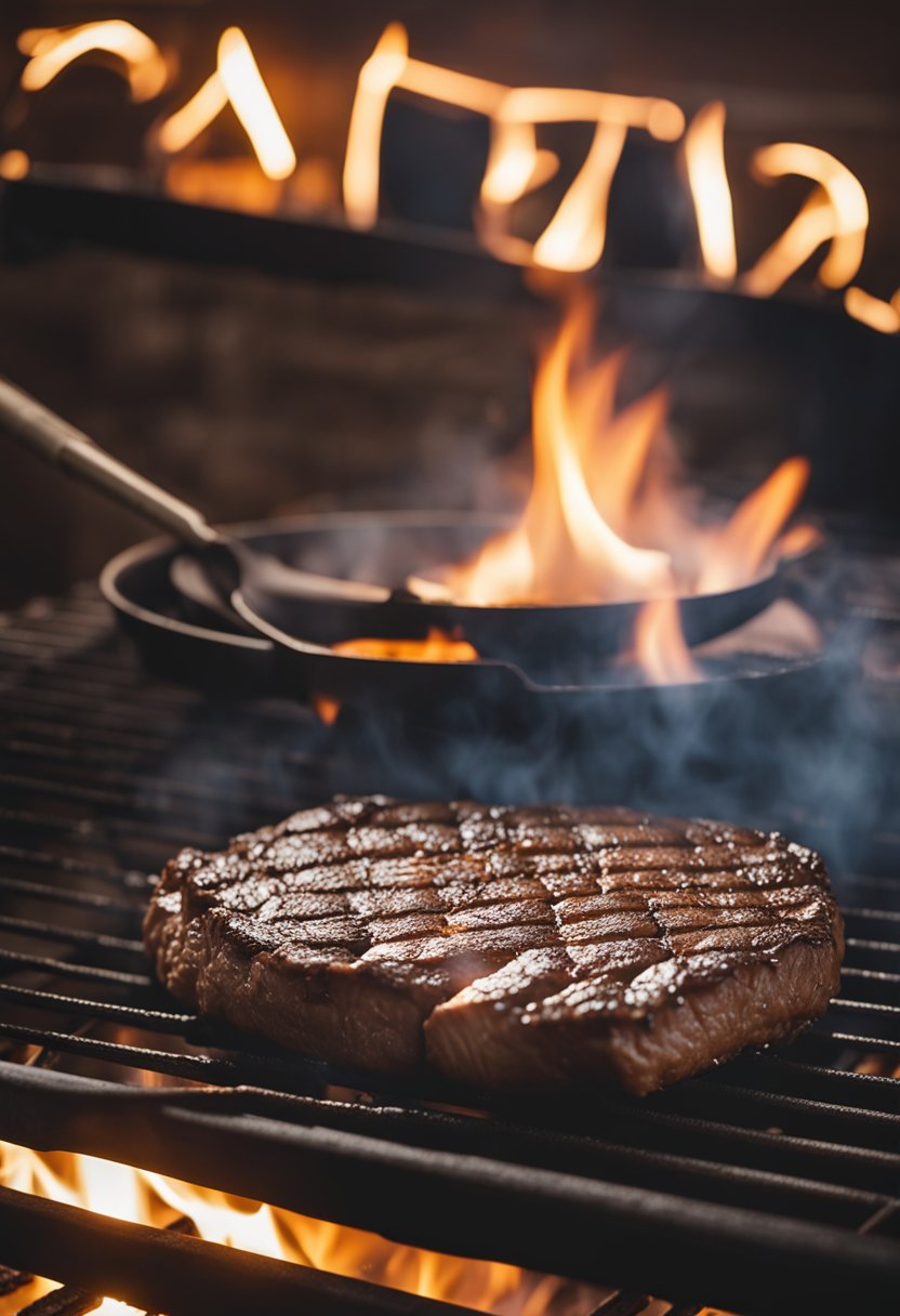 A sizzling steak on a hot grill, surrounded by a rustic Outback Steakhouse sign and a cozy dining atmosphere in Waco