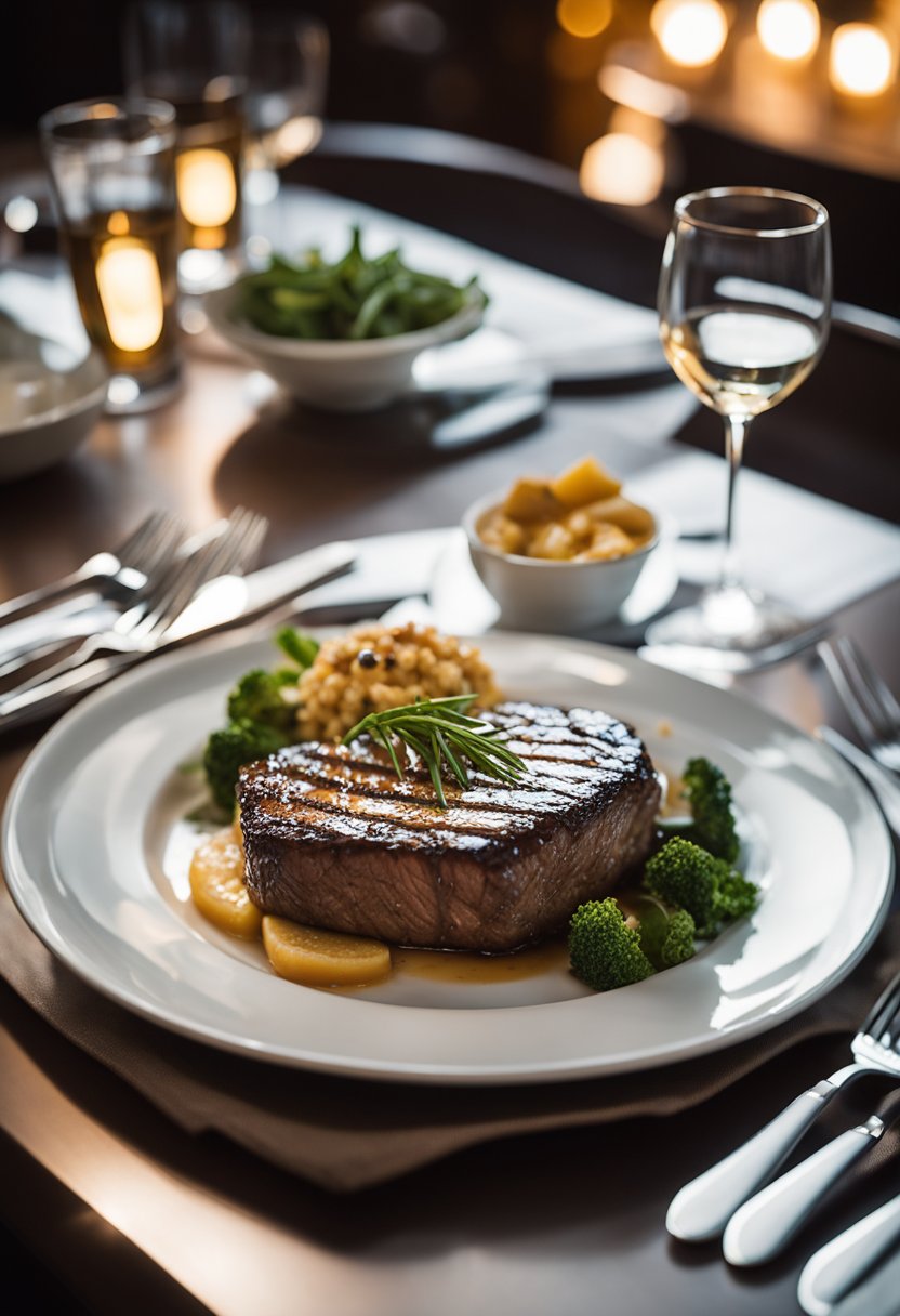 A sizzling steak on a plate, surrounded by elegant table setting and dim lighting at One Thirty Five Prime in Waco