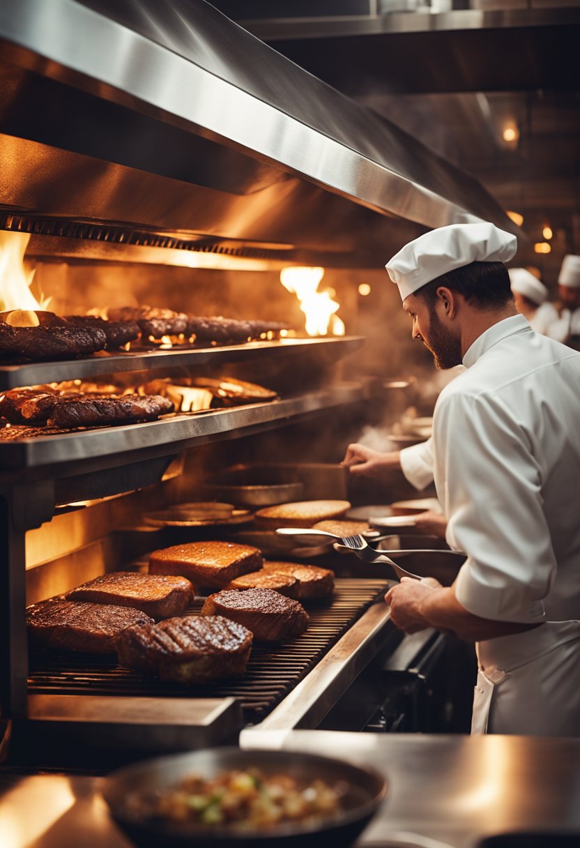 A bustling steakhouse with vintage decor, patrons enjoying sizzling steaks, and a chef expertly grilling over an open flame