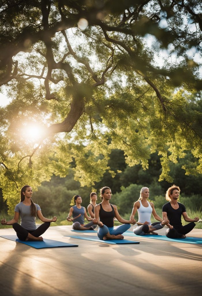 Hotworx outdoor yoga and fitness classes in Waco: A group of people practicing yoga and fitness exercises in a scenic outdoor setting with lush greenery and clear blue skies