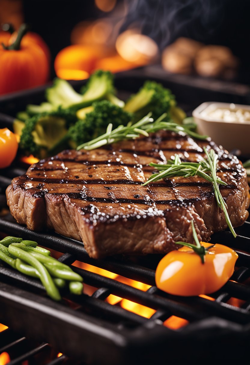 A sizzling steak on a hot grill at LongHorn Steakhouse, surrounded by seasoned vegetables and a warm, inviting ambiance