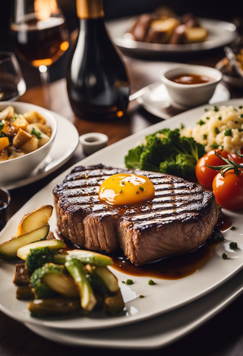 A sizzling steak on a hot grill, surrounded by a variety of tantalizing side dishes and a well-dressed dining table