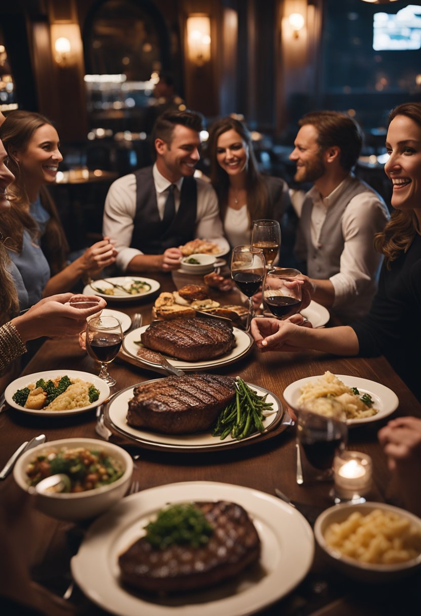 A group of people enjoying a delicious steak dinner at a cozy and elegant steakhouse in Waco, Texas. The atmosphere is warm and inviting, with dim lighting and the sound of sizzling steaks filling the air