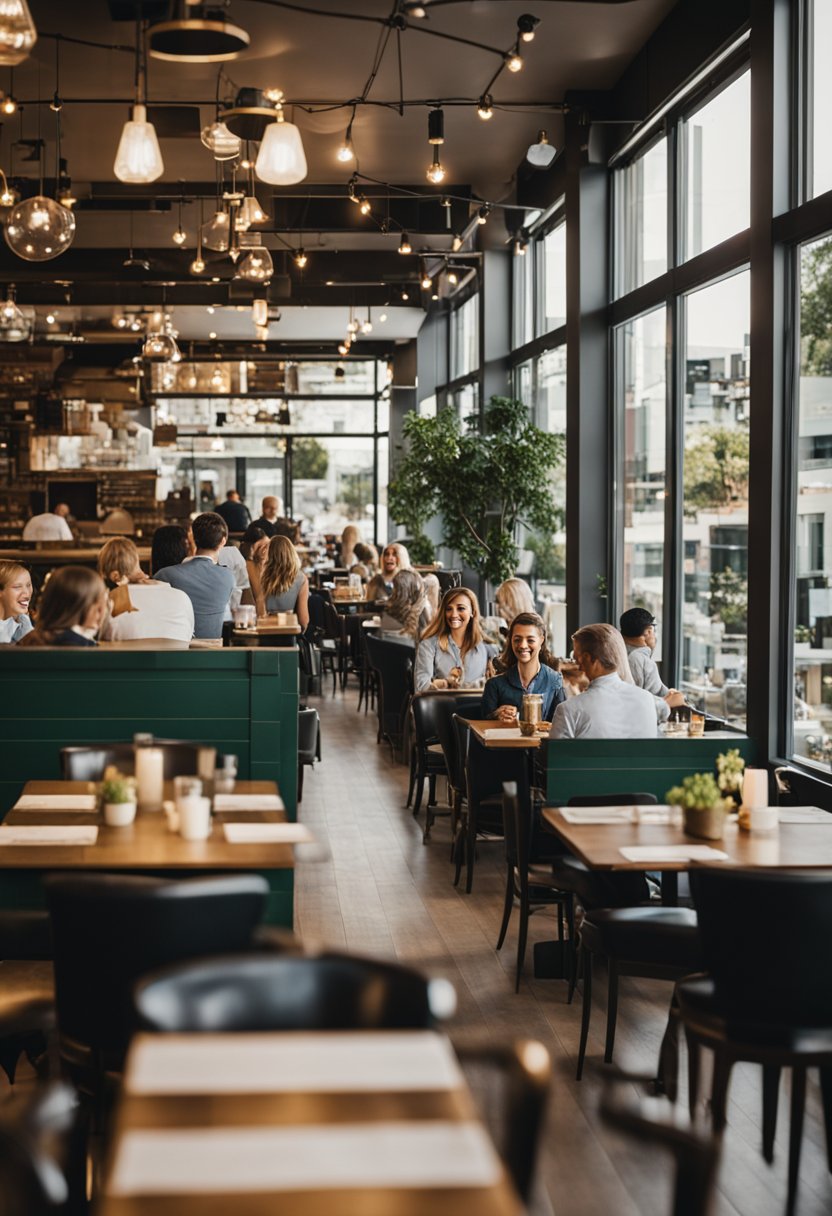 A bustling restaurant scene at Milo All Day in Waco, with tables filled with happy diners enjoying delicious meals