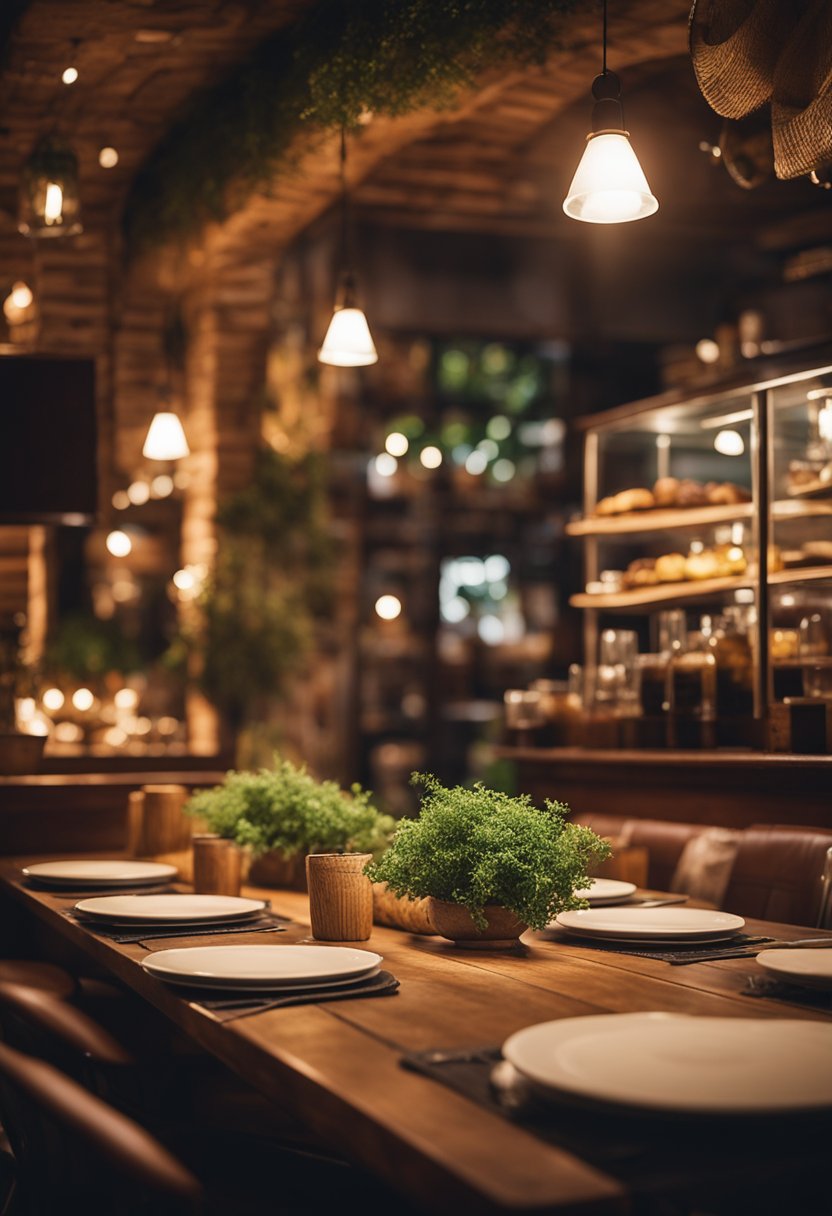 A cozy Mediterranean restaurant with warm lighting, rustic wooden tables, and vibrant wall art. The aroma of sizzling meats and fresh herbs fills the air