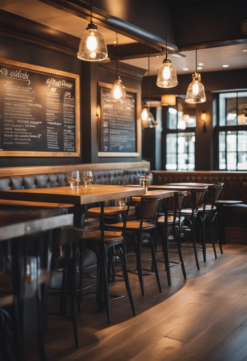 A cozy, rustic restaurant with a welcoming atmosphere. Wooden tables and chairs, warm lighting, and a chalkboard menu. A friendly, family-owned vibe