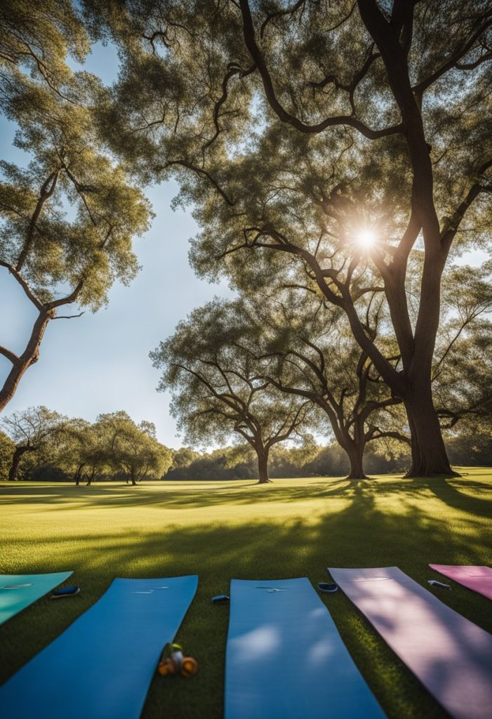 A serene outdoor setting with yoga mats and fitness equipment arranged on a grassy area. Surrounding trees and a clear blue sky provide a peaceful backdrop for the Soul Salve Yoga and Wellness classes in Waco