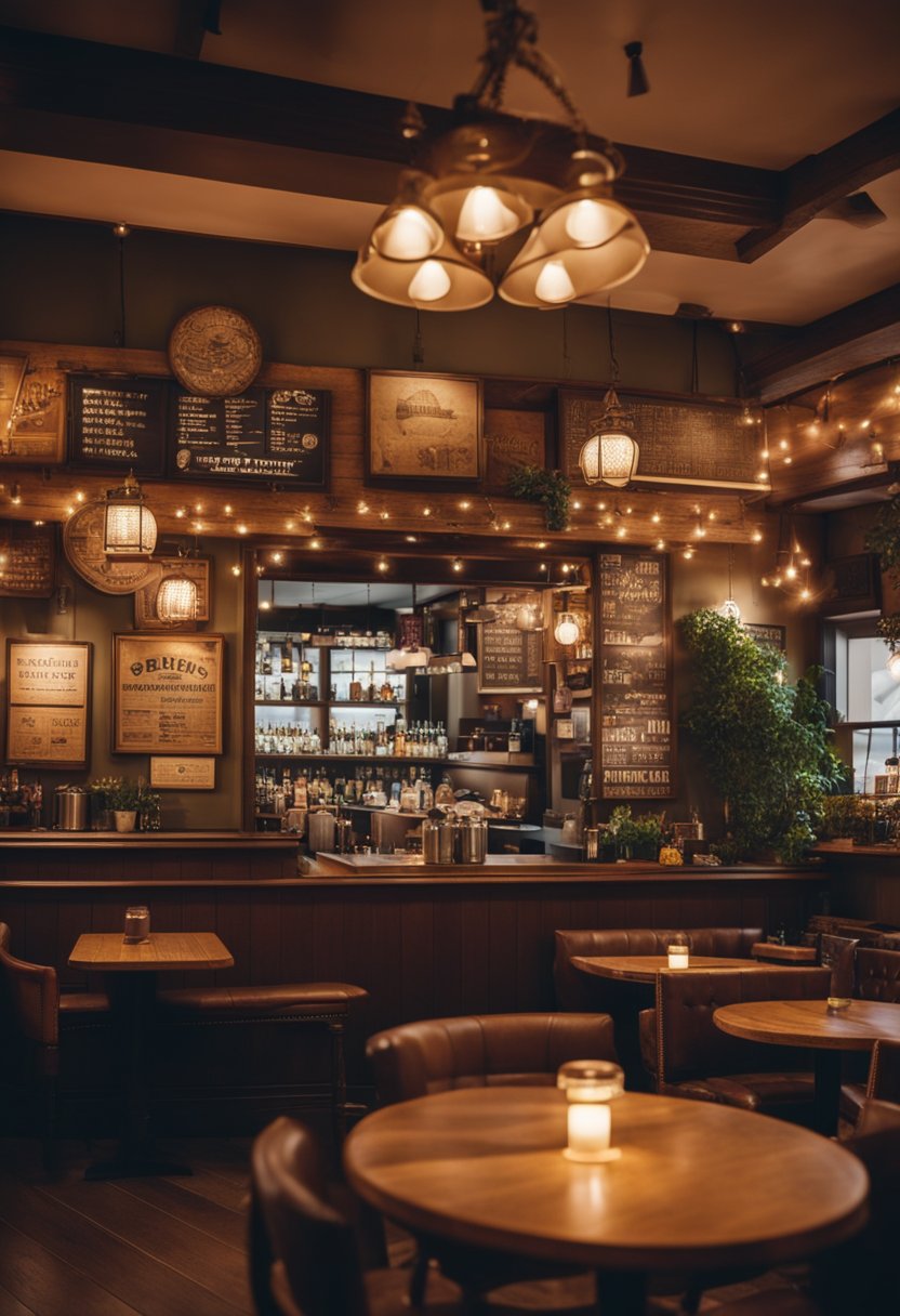 A cozy, welcoming restaurant with warm lighting, wooden tables, and a bustling bar area. The walls are adorned with vintage signs and local artwork, creating a charming and inviting atmosphere