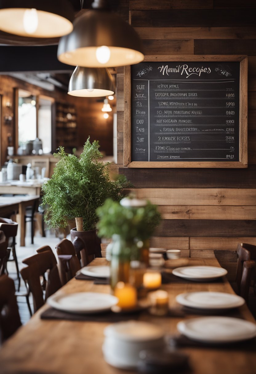 A cozy, rustic restaurant with warm lighting, wooden tables, and a welcoming atmosphere. A chalkboard menu displays homemade family recipes and local ingredients