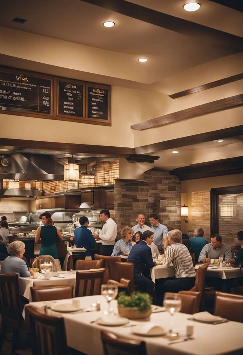 The bustling dining room of Alpha Omega Family Restaurants in Waco, with families enjoying meals and friendly staff serving delicious dishes