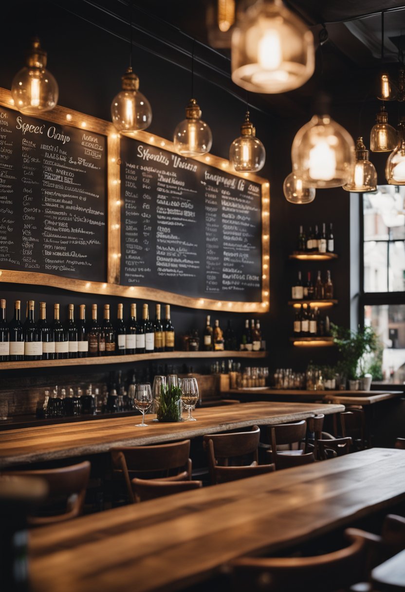 A cozy, rustic bistro with wooden tables and warm lighting. A chalkboard menu displays the day's specials, while shelves of wine bottles line the walls