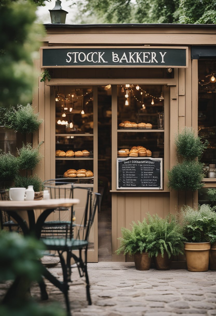 A cozy, rustic bakery with a welcoming sign and outdoor seating, surrounded by lush greenery and a quaint, small-town atmosphere