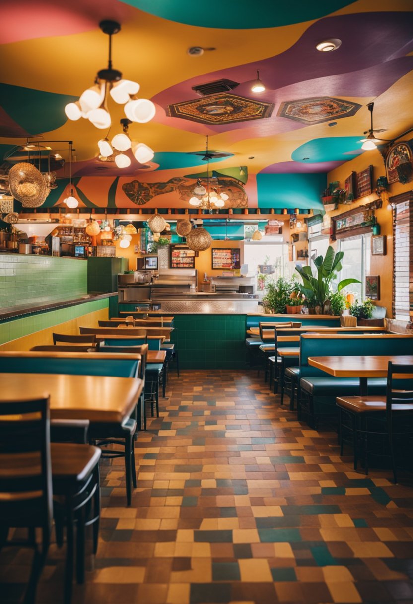 A bustling Mexican restaurant with colorful decor, vibrant murals, and a lively atmosphere in Waco