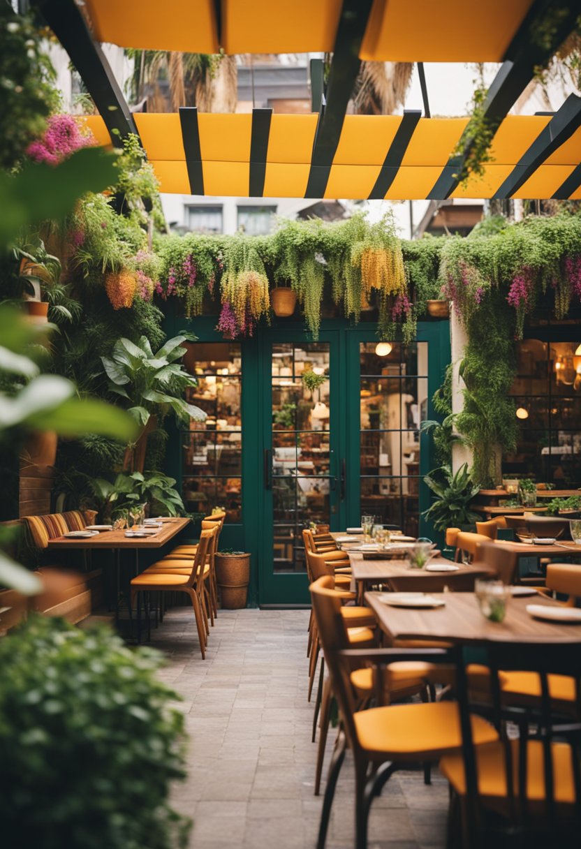 A colorful, bustling restaurant with a vibrant outdoor patio, surrounded by lush greenery and filled with the delicious aroma of sizzling tacos