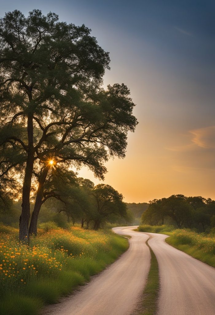 A winding road follows the gentle curves of the Brazos River, framed by towering trees and colorful wildflowers. The sun sets in the distance, casting a warm glow over the tranquil scene