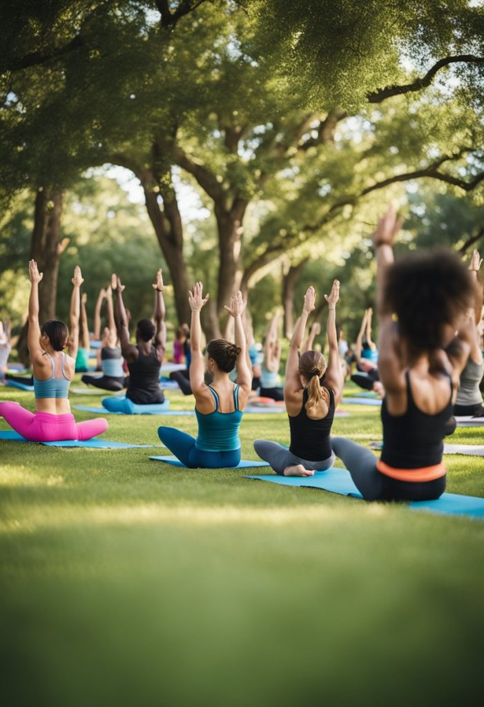 Outdoor yoga and fitness class at Turnup Waco, with participants stretching and exercising in a scenic park setting