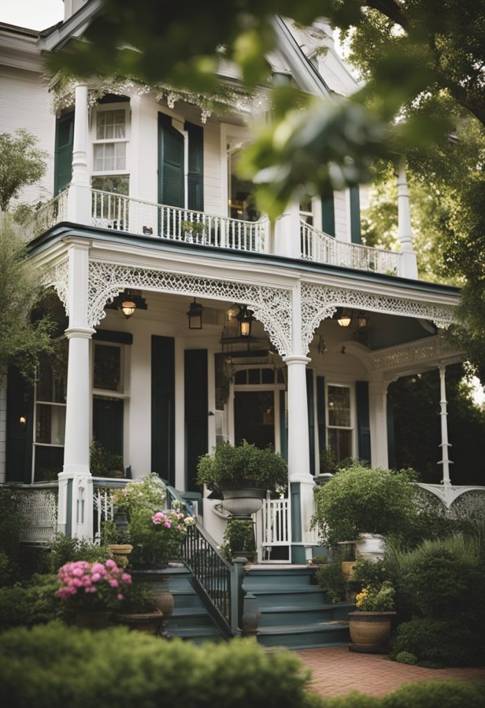 A charming Victorian-style bed and breakfast with a grand entrance, lush gardens, and a welcoming porch adorned with rocking chairs. Experience one of the Top 10 Places to Stay in Waco: Cozy Stays for Your Next Visit