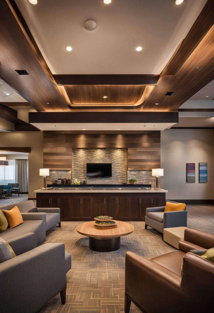 The Residence Inn Waco features a modern, spacious lobby with comfortable seating, a fireplace, and a welcoming front desk area. The warm lighting and contemporary decor create a cozy atmosphere for guests