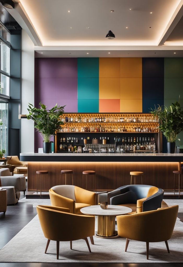 A vibrant lobby with modern furniture and a cozy fireplace. A bar area with colorful seating and a stylish check-in desk. Bright artwork adorning the walls