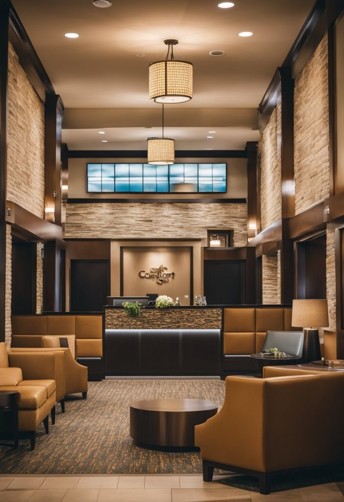 A cozy hotel lobby with modern furniture and warm lighting. A front desk with friendly staff. A sign displaying "Comfort Suites Waco North Top 10 Places to Stay in Waco."
