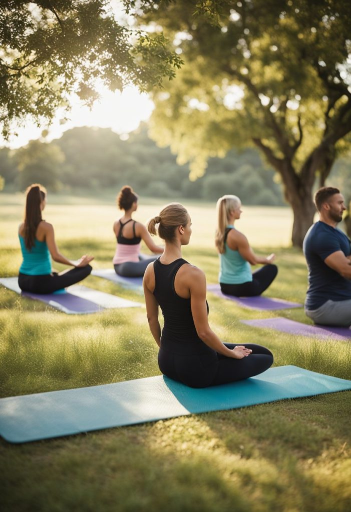 A group of people with yoga mats and fitness equipment set up in a scenic outdoor location