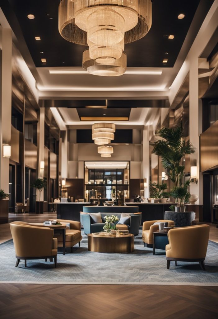 A bustling hotel lobby with modern decor and cozy seating areas. A reception desk is manned by friendly staff, and guests come and go with luggage in hand