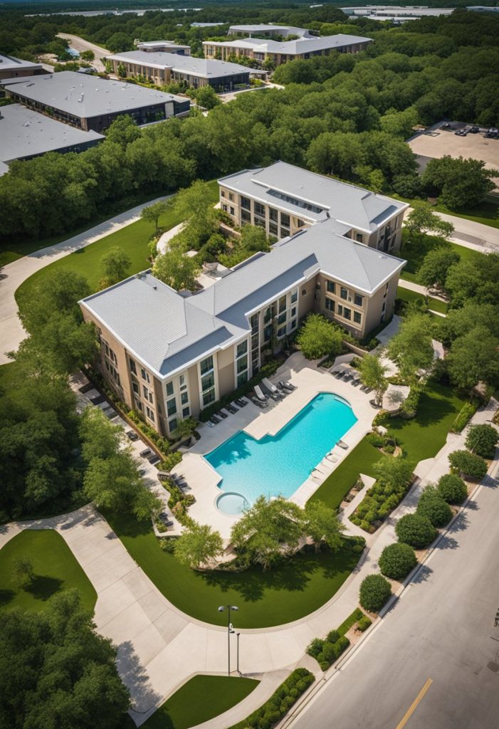 Aerial view of Home2 Suites by Hilton Waco surrounded by lush greenery and a sparkling pool, with modern architecture and ample parking