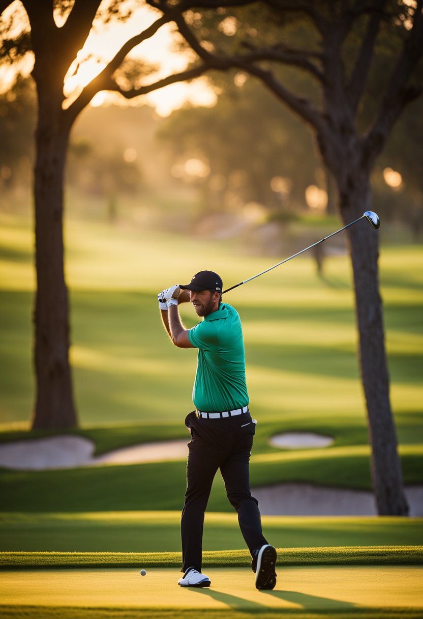 A golfer tees off at a lush course, surrounded by scenic Waco hotels. The sun sets, casting a warm glow over the green fairways