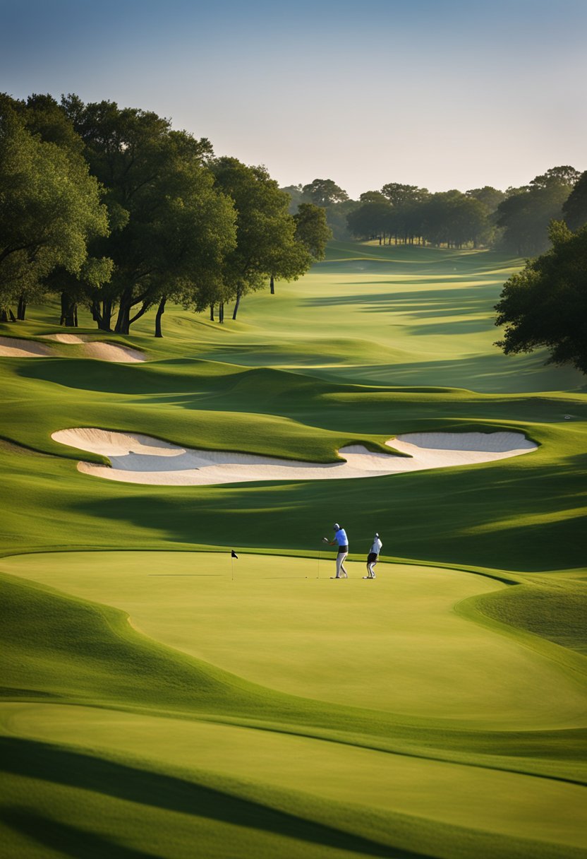Golfers tee off at Waco's scenic courses, with lush green fairways and rolling hills, set against the backdrop of nearby hotels