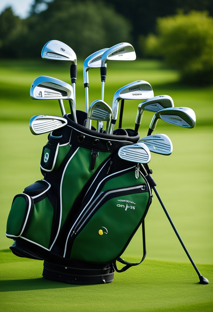 A golf bag sits beside a neatly arranged set of clubs on a lush green golf course, with a nearby hotel in the background