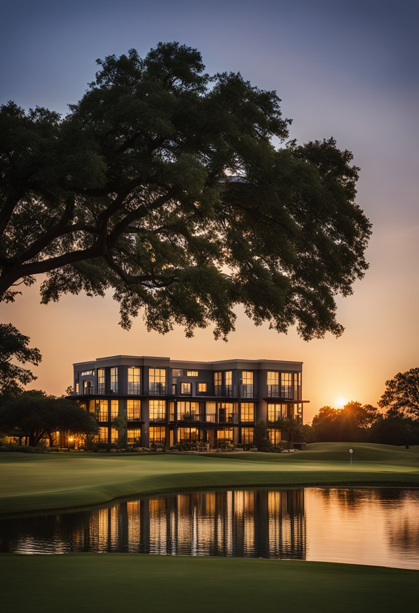 The sun sets behind Hotel Indigo Waco, casting a warm glow on the golf course nearby. The hotel's modern architecture stands out against the lush greenery, creating a serene and inviting atmosphere