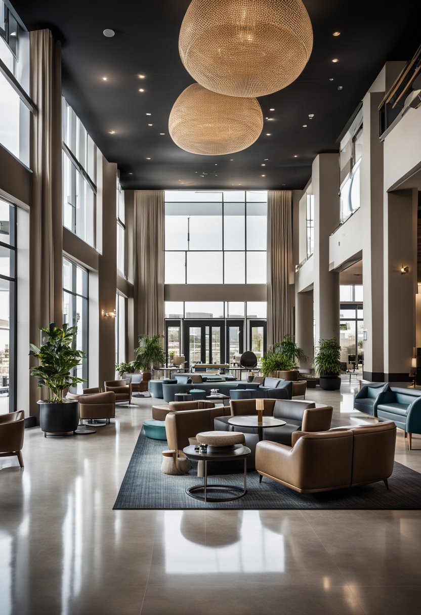 The lobby of AC Hotel Waco features modern furniture, a sleek front desk, and a cozy seating area. The hotel offers a fitness center, outdoor pool, and stylish meeting spaces