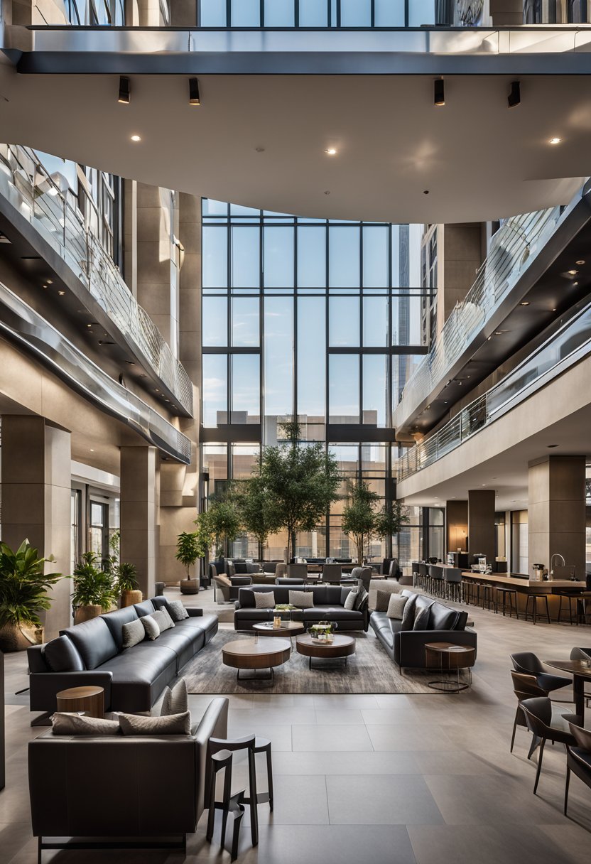 The AC Hotel Waco features modern accommodations and amenities, including a sleek lobby, stylish furnishings, and a rooftop bar with panoramic city views