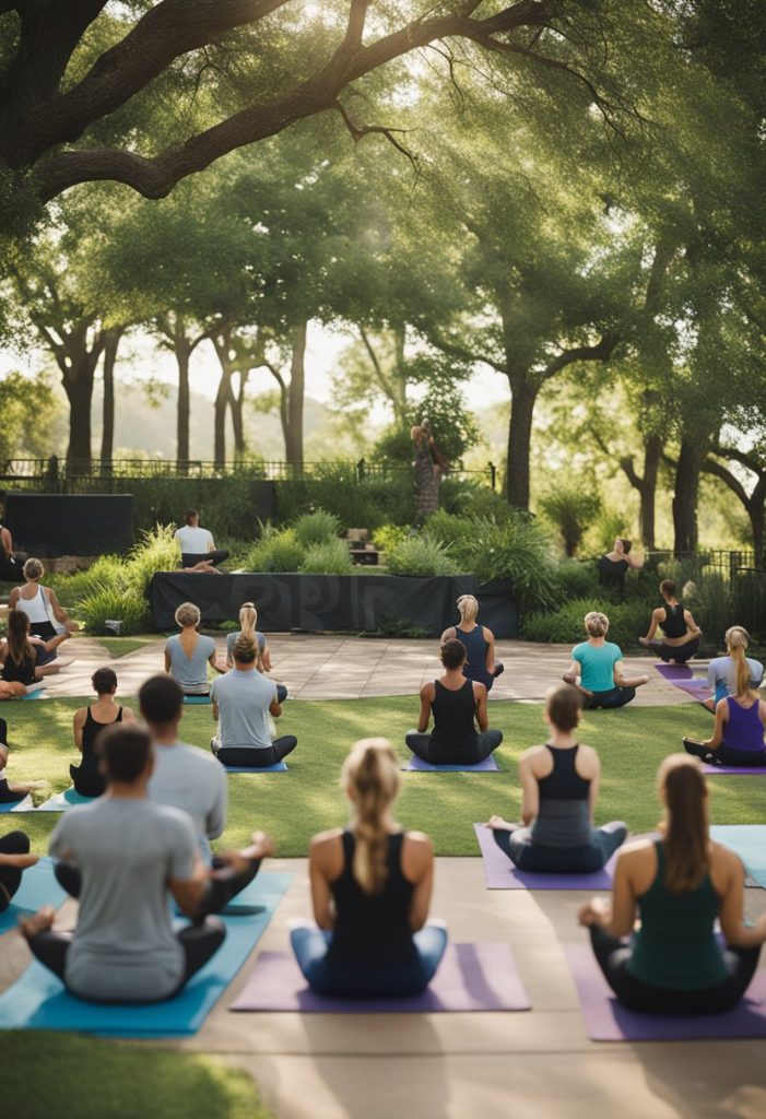 A group of people participate in outdoor yoga surrounded by lush greenery and under the open sky