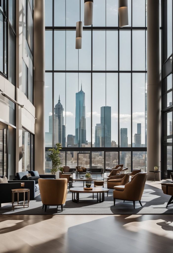 A modern hotel lobby with sleek furniture, a cozy fireplace, and a stylish bar area. A large window provides a view of the city skyline