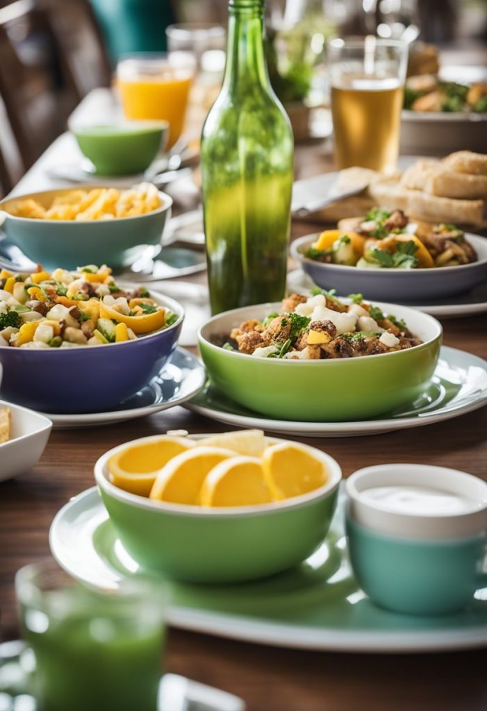 A table set with colorful dishes and drinks, surrounded by happy chatter and laughter, against the backdrop of the iconic Waco Baylor campus