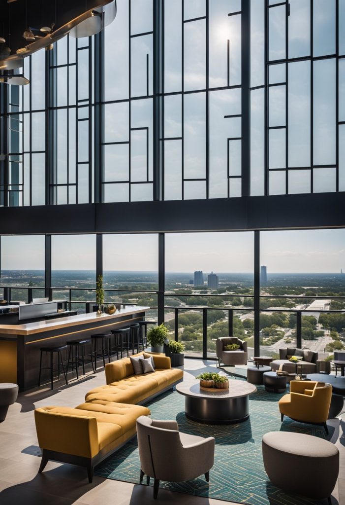 Aloft Waco Baylor features a modern building with outdoor seating, a vibrant rooftop bar, and a stunning view of the city skyline