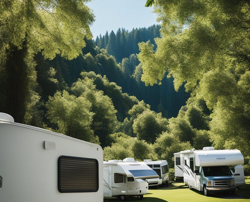 A sprawling RV park with lush greenery, neatly lined campsites, and a clear blue sky above
