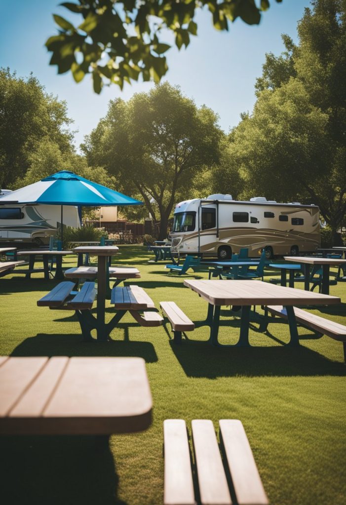 A vibrant RV park with lush greenery, picnic tables, and a playground. Nearby, a charming diner with outdoor seating under a bright blue sky