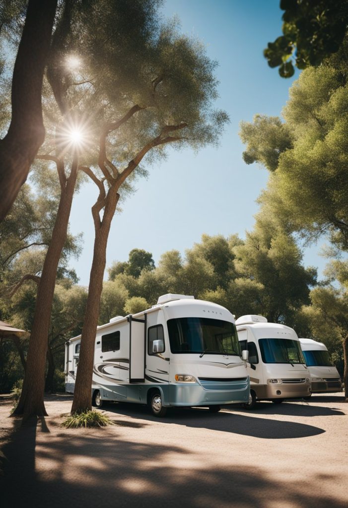 A serene RV park nestled under a clear blue sky, with neatly arranged campsites and lush greenery, creating a peaceful and inviting atmosphere