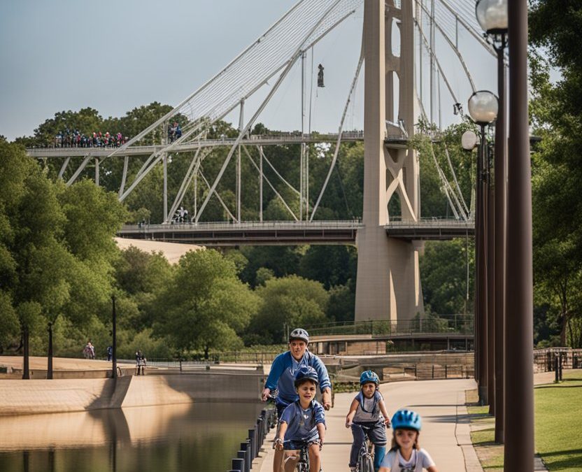 Families biking along the Brazos River, passing by the Cameron Park Zoo and the Mayborn Museum, with the Waco Suspension Bridge in the background