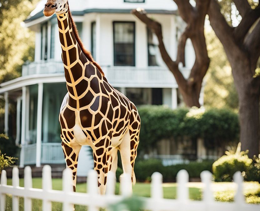 A charming giraffe-themed house in Waco, Texas, with a large front porch, white picket fence, and a whimsical giraffe statue in the yard