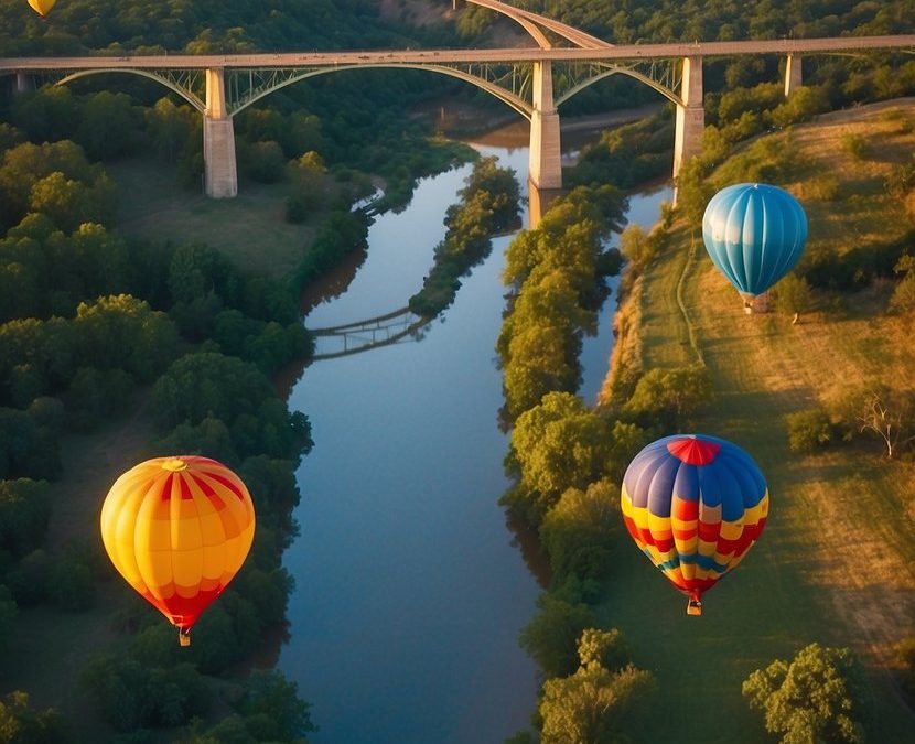 A colorful hot air balloon floating gracefully over Waco's scenic landscape.