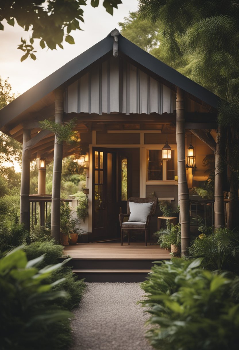 A charming giraffe house with a rustic exterior and a welcoming front porch, surrounded by lush greenery and tall trees. A cozy and inviting atmosphere with warm lighting and a picturesque setting