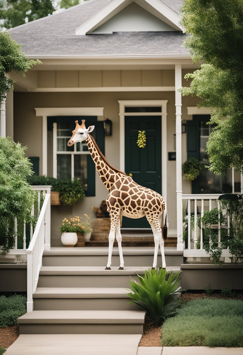 A charming giraffe-themed house in Waco, featuring a welcoming front porch, lush greenery, and a unique giraffe-shaped mailbox