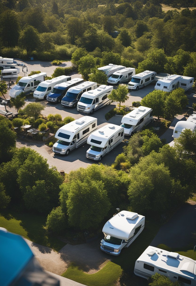 A serene RV park with lush greenery, spacious camping spots, and modern amenities under a clear blue sky
