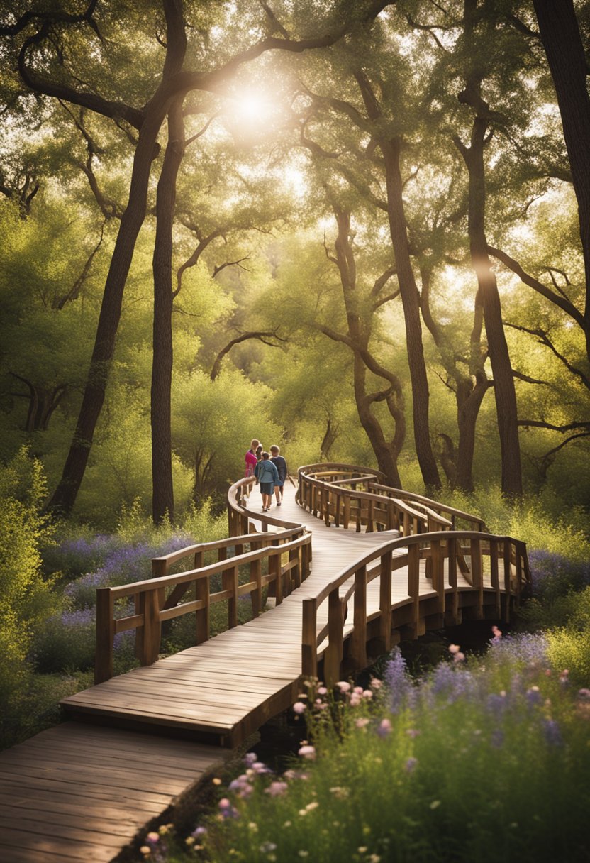 Children hiking along a winding trail, crossing a wooden bridge over a babbling creek, surrounded by towering trees and vibrant wildflowers in Waco