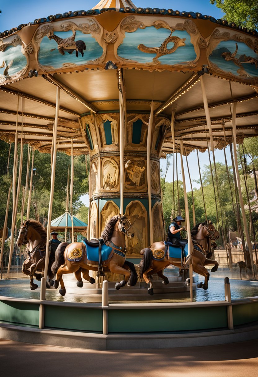 Families enjoying a carousel ride at the Waco Zoo, while others explore the interactive exhibits at the Mayborn Museum Complex. Nearby, kids play in the water features at the Cameron Park Zoo