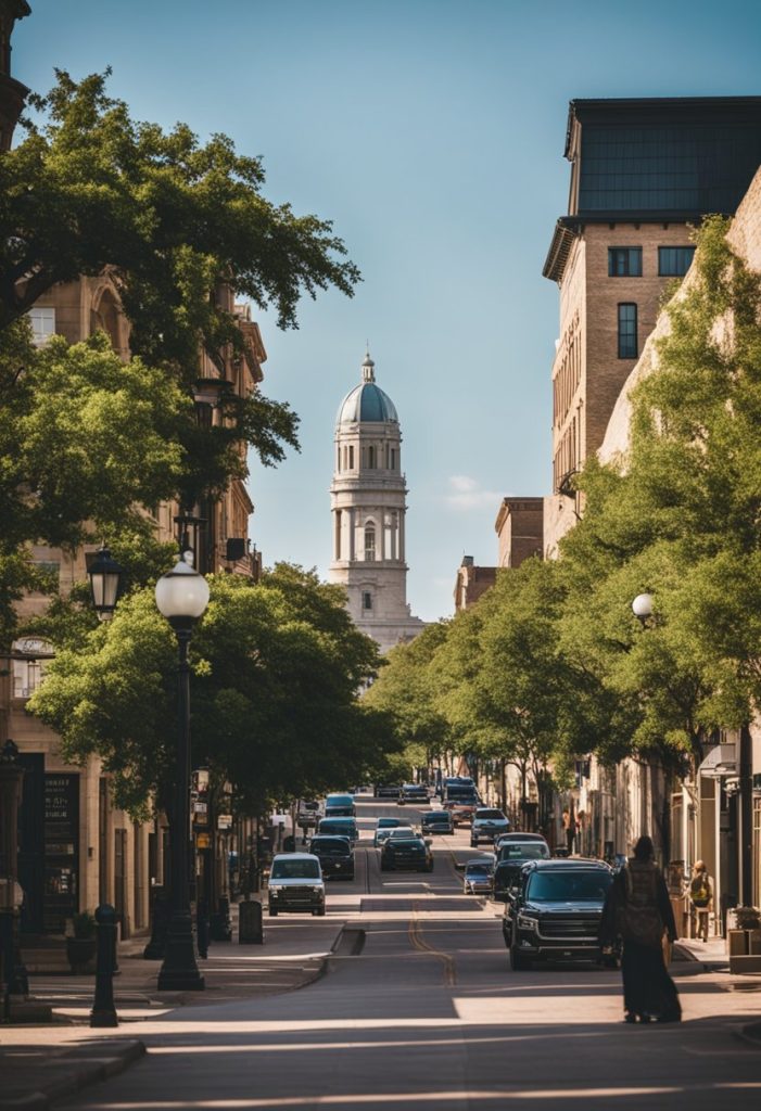 Unique Experiences in Waco: A bustling street lined with historic landmarks and museums, each building exuding its own unique charm and history. Tourists stroll along the sidewalk, taking in the sights and sounds of Waco’s rich cultural heritage.